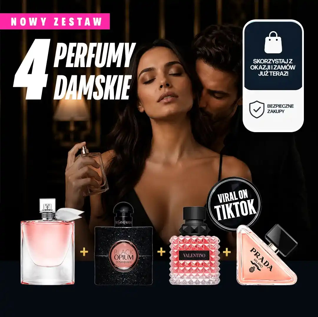 4 PERFUMY W CENIE JEDNEGO! Zapłać za 1 i odbierz 4 — zestaw premium z Lancôme La Vie Est Belle, YSL Black Opium, Valentino Donna Born In Roma i Prada Paradoxe, każdy po 100 ml