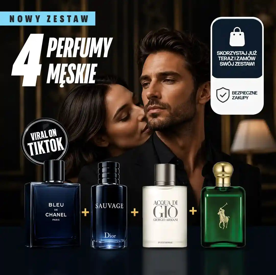 4 PERFUMY W CENIE JEDNEGO! Zapłać za 1 i odbierz 4 — zestaw premium z Bleu de Chanel, Sauvage, Acqua di Giò i Polo Green, każdy po 100 ml